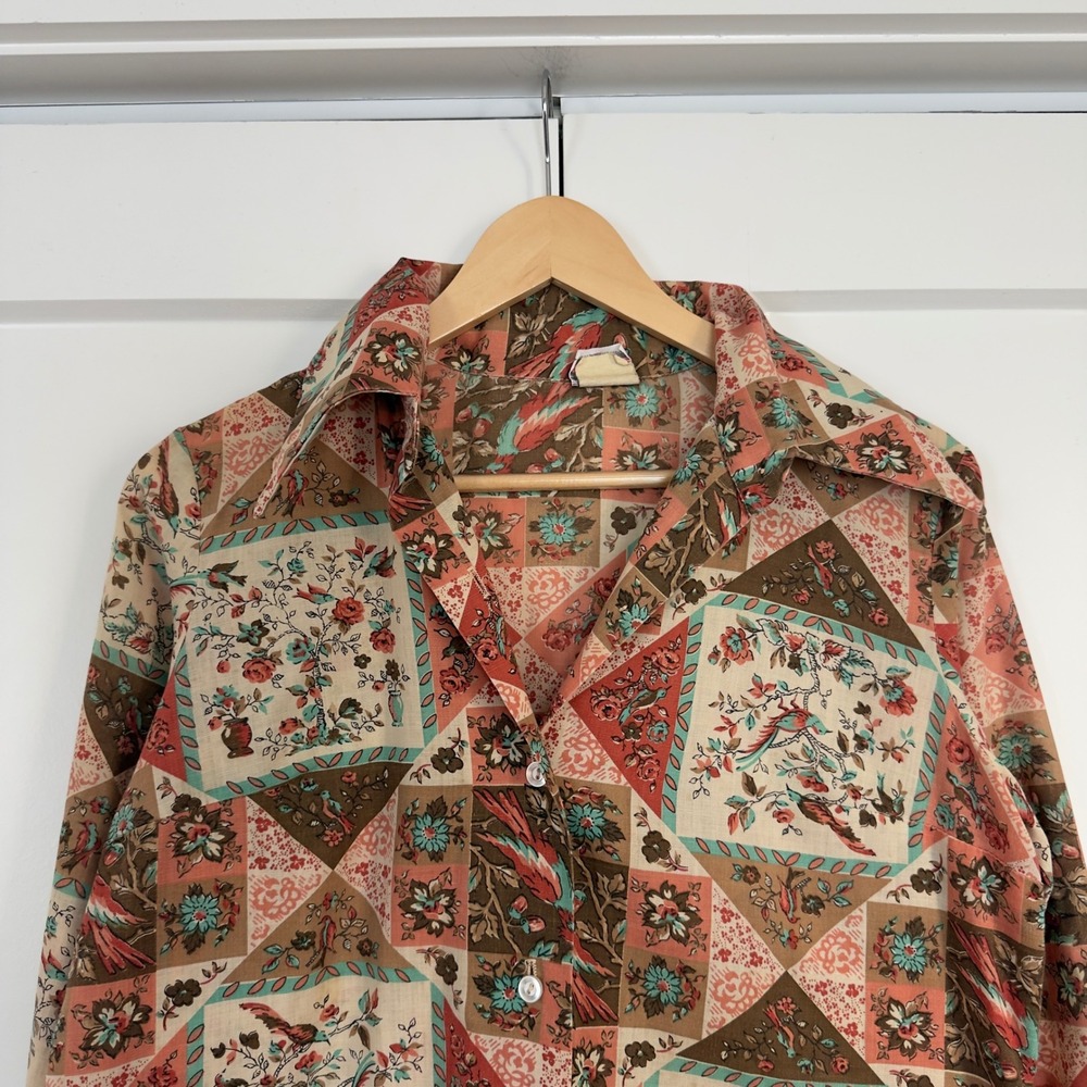 Womens Aldens Fashions Vintage 70s Bird Patchwork Blouse Medium Multi-Color